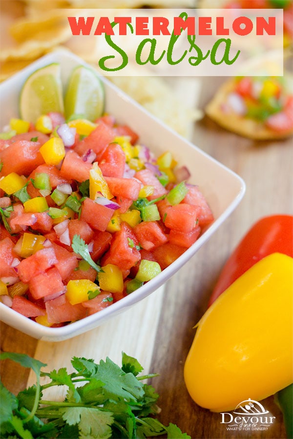 Watermelon Salsa with sweet watermelon, fresh bell peppers, lime juice, cilantro & some honey, this recipe is a party in your mouth when scooped with a chip. Make Watermelon Salsa with all fresh ingredients for your next Potluck, BBQ, Family gathering or just binge watching Netflix. #recipe #recipes #watermelon #watermelonsalsa #Potluckrecipe #potluck #BBQ #familyreunion #familyreunionrecipe #salsa #salsarecipe #freshsalsa #freshsalsarecipe #sidedish #easysidedish #easyrecipe #easysidedishrecipe