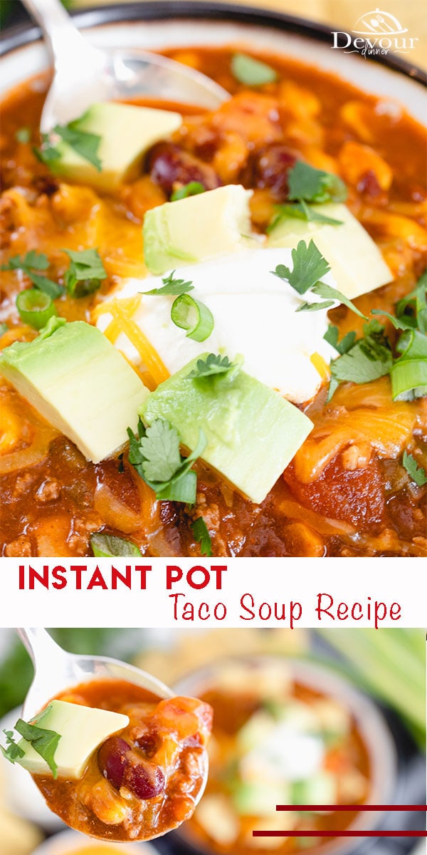Hearty Instant Pot Taco soup is made with ground beef, tomato paste, diced tomatoes, beans and more to create a favorite family recipe. Made in the Instant Pot electric pressure cooker to give the soup a slow simmer flavor in a fraction of the time.