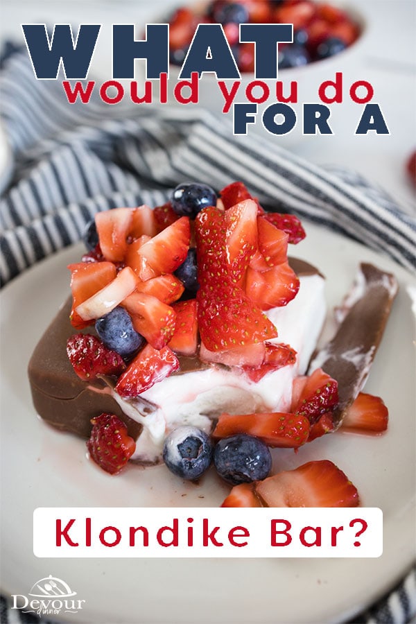 Klondike Fruit Medley is a delicious dessert made with only a few ingredients. Who doesn't love a Klondike Bar, right? Well I sure do. Made with fresh Strawberries and Blueberries is a sweet sauce and your favorite Klondike Bar Flavor. Fun Festive Dessert. #devourdinner #klonndike #Klondikebar #Dessert #dessertrecipe #easyrecipe #easydessert #fathersdayrecipe #fourthofjulyrecipe #redwhitebluedessert #buzzfeast #holidaydessert #icecreamdessert #yum #yummy