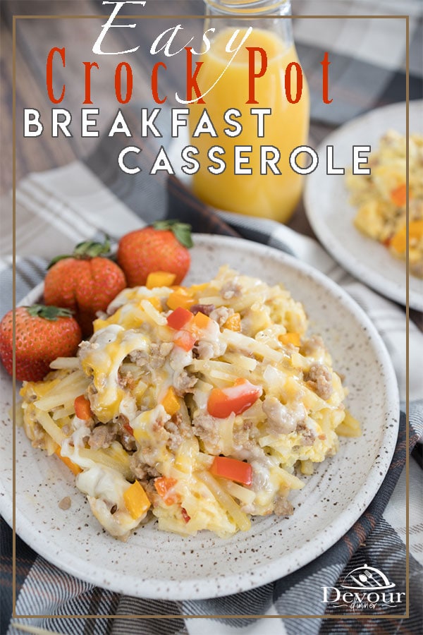 Over night guests will love the Sausage Breakfast, and you will love how quick and easy it is to make! Easy to make Crock Pot Breakfast Casserole Recipe is easy and packed full of flavor. Waking up to a delicious breakfast starts the day off right. #devourdinner #devourpower #breakfastcasserole #easybreakfastcasserole #crockpot #slowcookerrecipe #overnightcrockpotrecipe #easybreakfast #yum #instagood