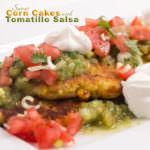 Sweet Corn Cakes Copy Cat Recipe from The Cheesecake Factory with Tomatillo Salsa made fresh #easyrecipe #easyappetizer #copycatrecipe #TCF #thecheesecakefactory #sweetcorncakes #mexican #devourdinner
