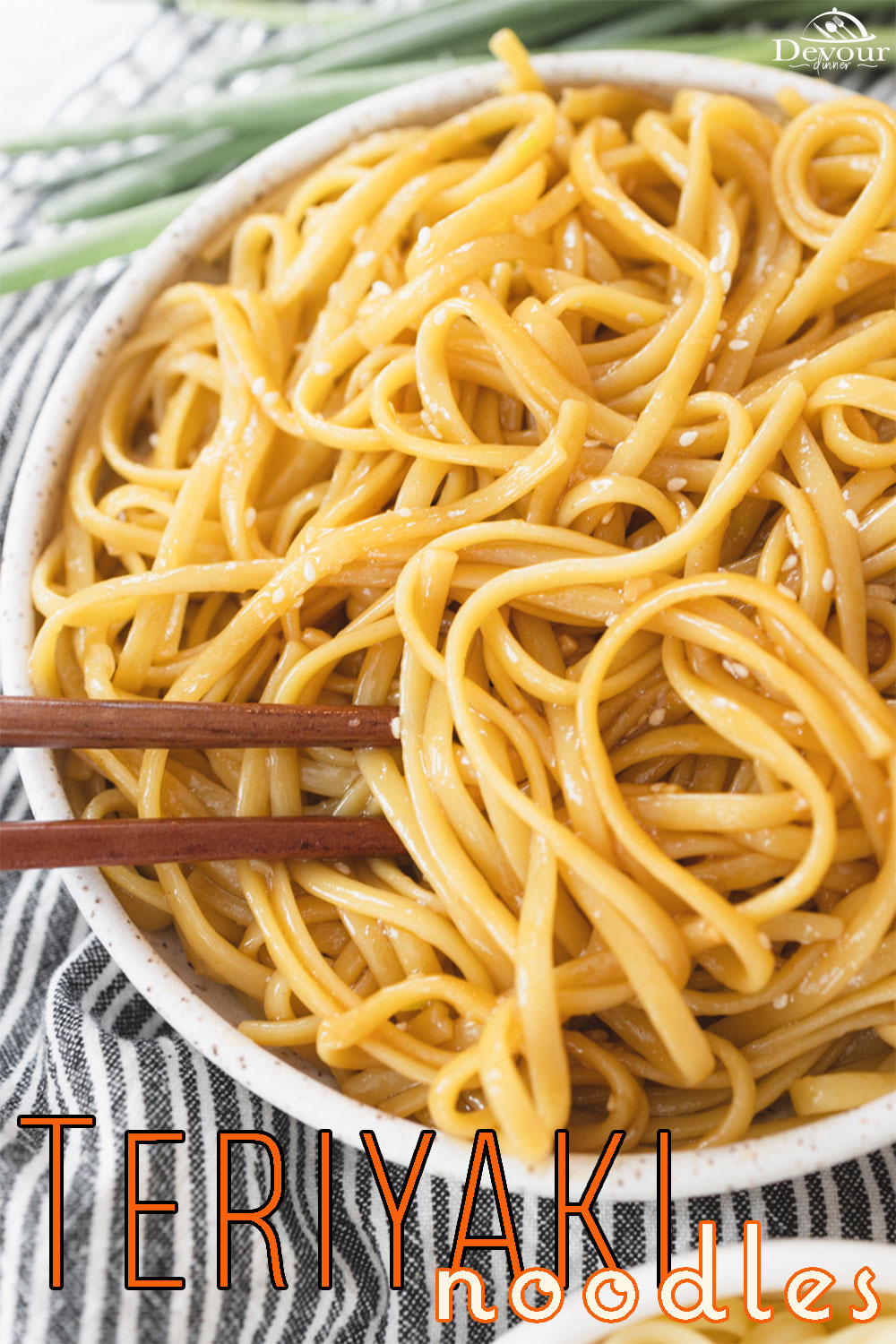 Have you tried Teriyaki Noodles? This simple recipe is a must when I eat at a Japanese Hibachi Resturant. So why not make them at home too? Of course you can dress these up and add some steak, chicken or shrimp but start of tradition and make these quick and easy Teriyaki Noodles. #devourdinner #recipes #recipe #food #Foodie #Foodblogger #easyrecipes #dinner #appetizer #Sidedish #yummy #japanese #asiannoodle #teriyakinoodle #noodle #Pasta #Teriyaki #easydinnerrecipe #kikkoman #soysauce