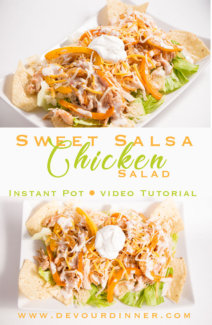 We LOVE Sweet Salsa Chicken on Salads, Burritos, Nachos and any other way we come up with. It's the perfect combination of sweet and tangy. Easy Recipe, make an entire meal in about 35 minutes. #Easyrecipe #recipe #recipes #Food #foodie #Yum #foodblogger #Mexicanfood #mexicanrecipe #salad #summersalad #Instantpot #Videotutorial #videorecipe #instapot