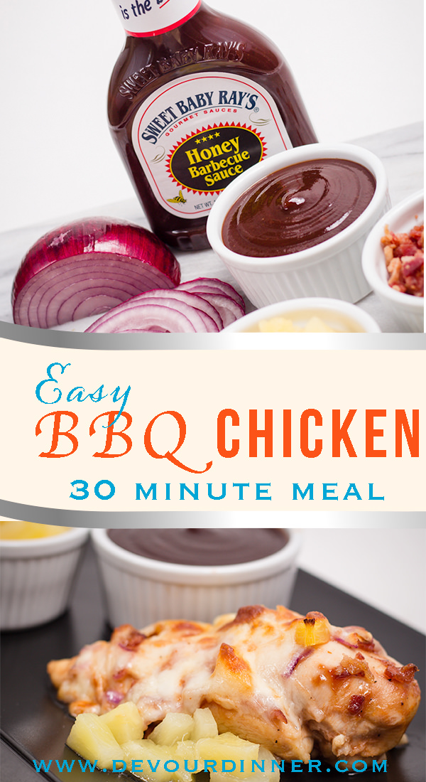 Easy 30 Minute Recipe, BBQ Chicken with Bacon, Red Onion and Pineapple. All the flavors from the BBQ Chicken Pizza from Pizza Hut without all the carbs. Enjoy this easy meal. We sure do! #Dinner #easyDinnerRecipe #devourdinner #BBQChicken #Easy30minuterecipe #30minutemeal #prepeasy #inmykitchen #Yum #chicken #bakedchicken #bbq #pineapple #Yum #Recipes #Tastyvideo #Videotutorial #Pizzahut #BBQChickenPizza