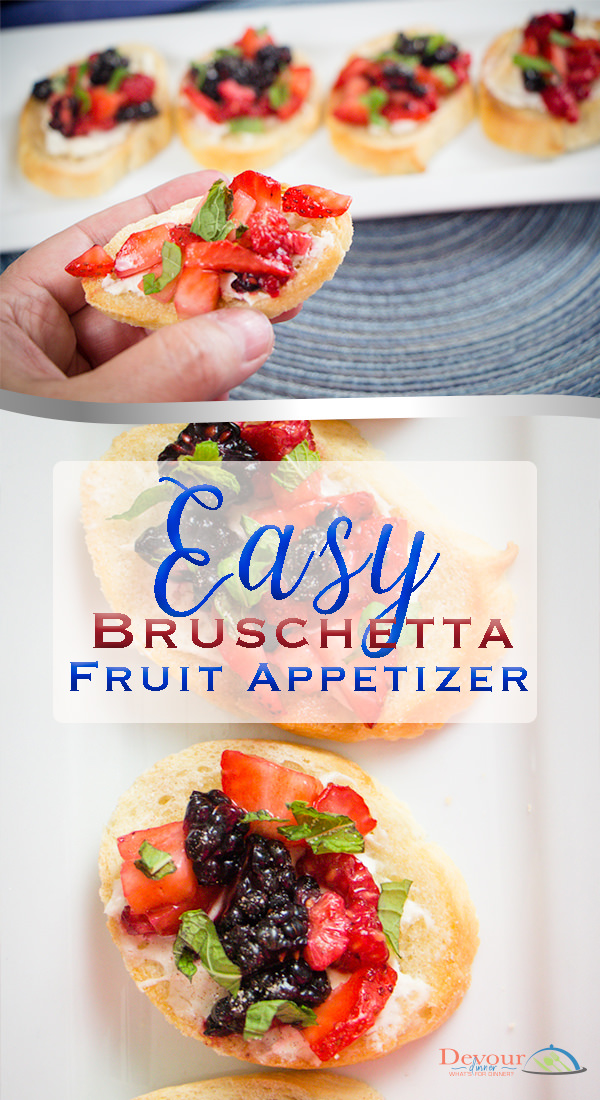 Fun twist on a traditional appetizer. Easy Bruschetta is made with fresh fruit a perfect 2 bite appetizer or serve with a main dish. Perfect for Sunday Brunch or an evening meal. My friends and family always smile when they see my Fruit Bruschetta. It's just fun. #appetizer #2biteappetizer #devourdinner #appetizerrecipe #bruschettarecipe #easybruschetta #fruitbruschetta #yum #easyprep #prepeasy #inmykitchen #italian appetizer