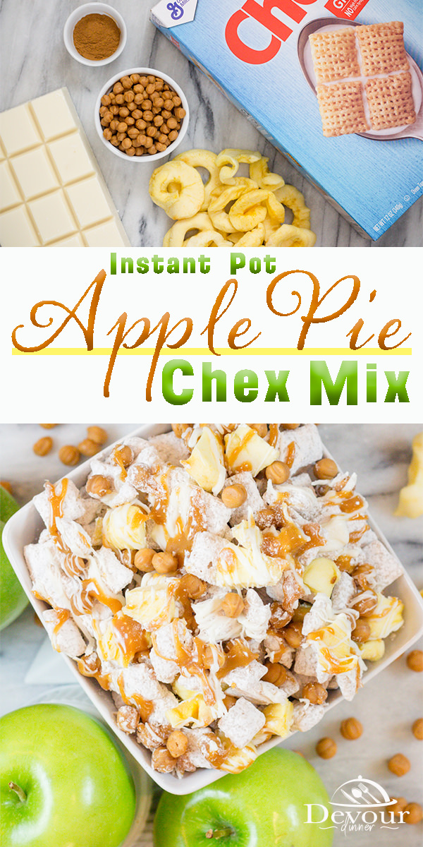 Easy as Apple Pie! Apple Pie Chex Mix is a Muddy Buddy Chex Mix Recipe with dried apples, caramel, & a wonderful cinnamon white chocolate. This fun snack is perfect for dessert & is easily made. Instant Pot hack to melt chocolate perfect every time. We love a fun twist on a traditional recipe. . #devourdinner #whatsfordinner #easyrecipe #easyrecipes #dessert #dessertrecipe #easydessert #prepeasy #inmykitchen #instantpot #instantpotrecipes #snack #chexmix #chexmixrecipe #muddybuddies #Chex