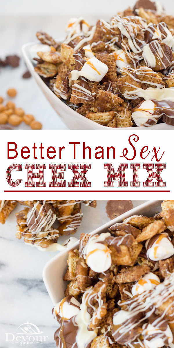 Whatever you call this recipe, Better Than Whatever or Better than Sex Chex Mix is sure to curb any appetite. It's a fun snack or dessert made with Chex Mix and other yummy ingredients. Chocolate, Peanut Butter Cups, Caramel and Marshmallows top off this wonderful Chex Mix Recipe. #devourdinner #dessert #snack #dessertRecipe #snackrecipe #easydessert #easydessertrecipe #chexmix #chexmixrecipe #muddybuddies #Betterthansex #betterthansexchexmix #ChexMixrecipes #easyprep #inmykitchen #food