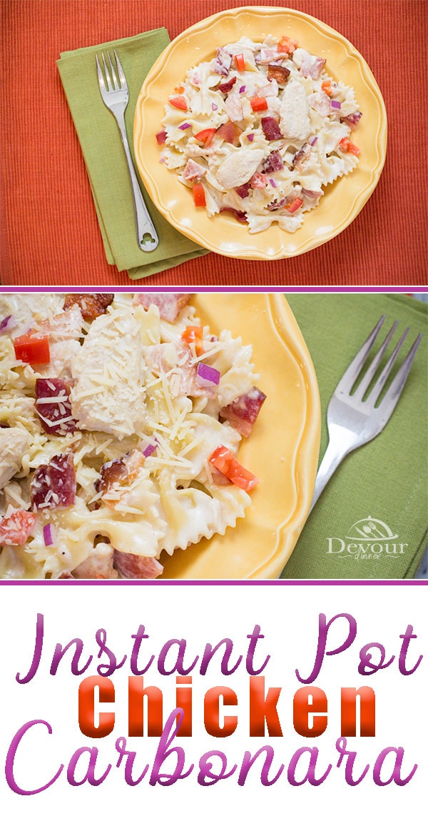 This Signature Dish from Johnny Carino's called Bowtie Festival is my favorite. I love the combination of flavors from Bacon, to Tomato and a creamy Alfredo sauce. Instant Pot recipe makes this an easy 30 minute meal. #chickencarbonara #Chickenpasta #alfredopasta #Chickenalfredo #easychickendinner #easydinner #easyrecipe #instantpot #instantpotrecipe #easyprep #inmykitchen #recipe #recipes #food #Foodie #foodblogger #dinner #pasta #sidedish #bacon #chickenbaconpasta #italianpasta #easyitalian