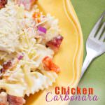 Chicken Carbonara, Pasta with chicken, bacon, tomatoes in an Alfredo Pasta Sauce