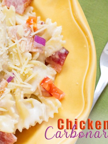Chicken Carbonara, Pasta with chicken, bacon, tomatoes in an Alfredo Pasta Sauce