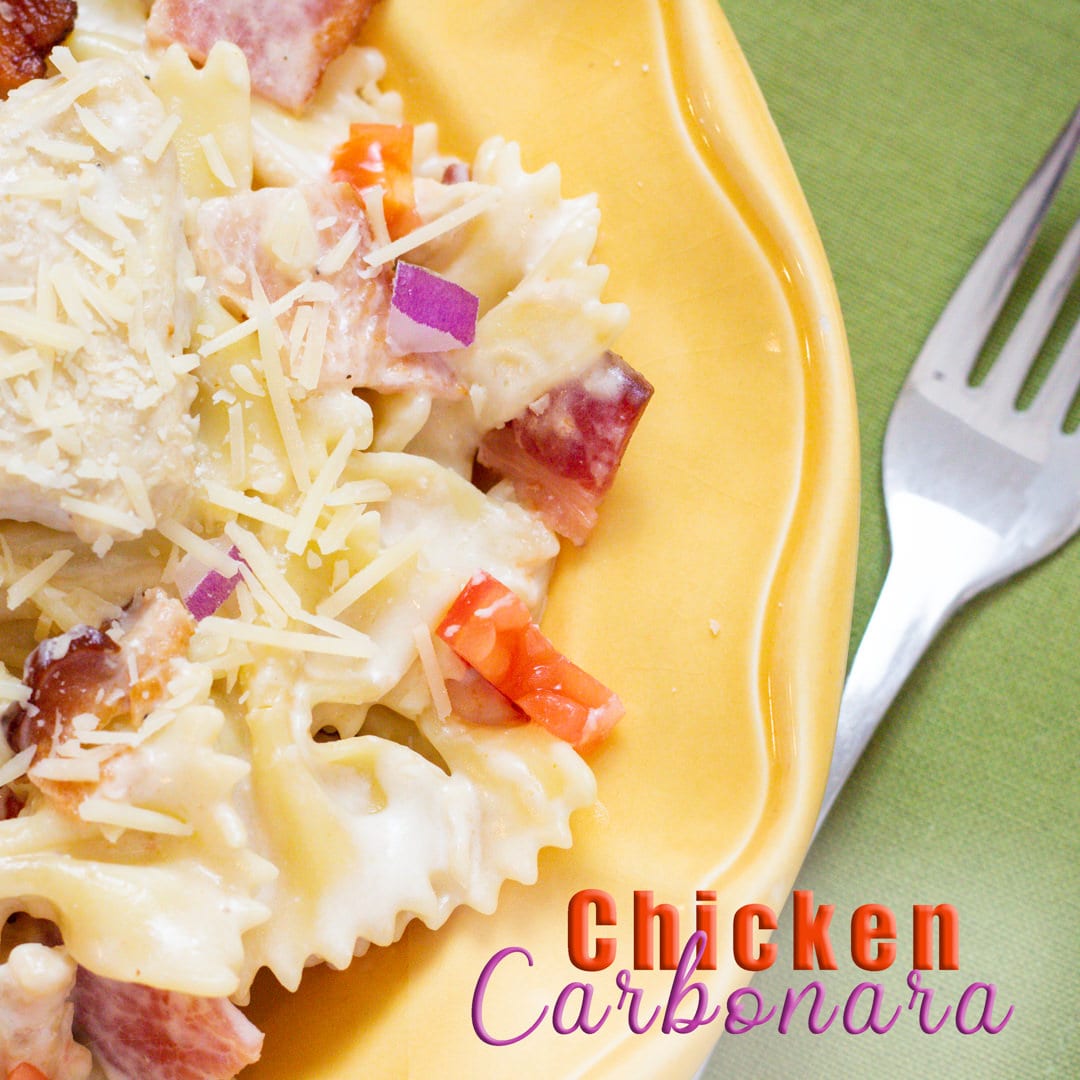 Chicken Carbonara, Pasta with chicken, bacon, tomatoes in an Alfredo Pasta Sauce