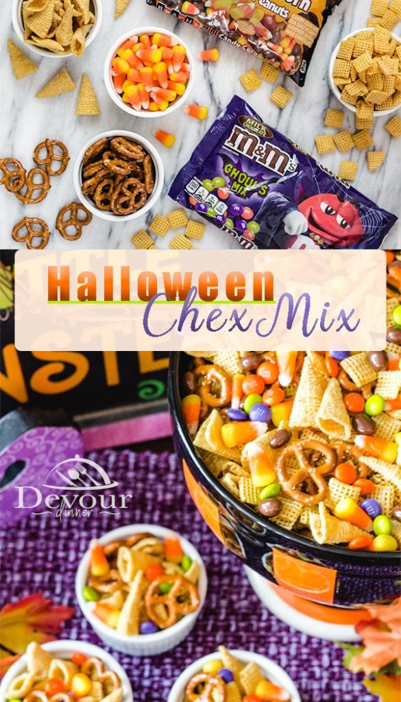 Chex Mix Recipes are a fun and easy Snack Mix for any occasion. Halloween Chex Mix is quickly made in a few ingredients but is sure to bring smiles to your ghosts or goblins. With Witches Hat, Skeleton Scabs, Goblin Teeth, Bat Wings and more, you will make memories with this fun snack treat. #chexmix #Chexpartymix #homemadechexmix #HalloweenChexmix #chexmix #chexmixrecipes #chexmixrecipes #Chocolate #dessert #snack #recipe #M&Ms #brachscandy #Halloweenpartyrecipe #Witcheshats #GoblinTeeth