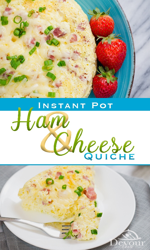 Quick and Easy Ham and Cheese Crustless Quiche made easily in the Instant Pot. Low Carb recipe and packed full of flavor. This Breakfast Quiche is a perfect recipe for any meal. #easyquicherecipe #EggbakeRecipe #Bakedeggcasserole #Crustless quiche #Easyquicherecipes #HowtomakeQuiche #BreakfastQuiche #HamandCheeseQuiche #easybreakfast #instantpot #instantpotrecipe #devourdinner #breakfast #Pressurecooker #pressurecookerrecipe #easyprep #inmykitchen #Recipe #recipes #hotbreakfast #egg #quiche
