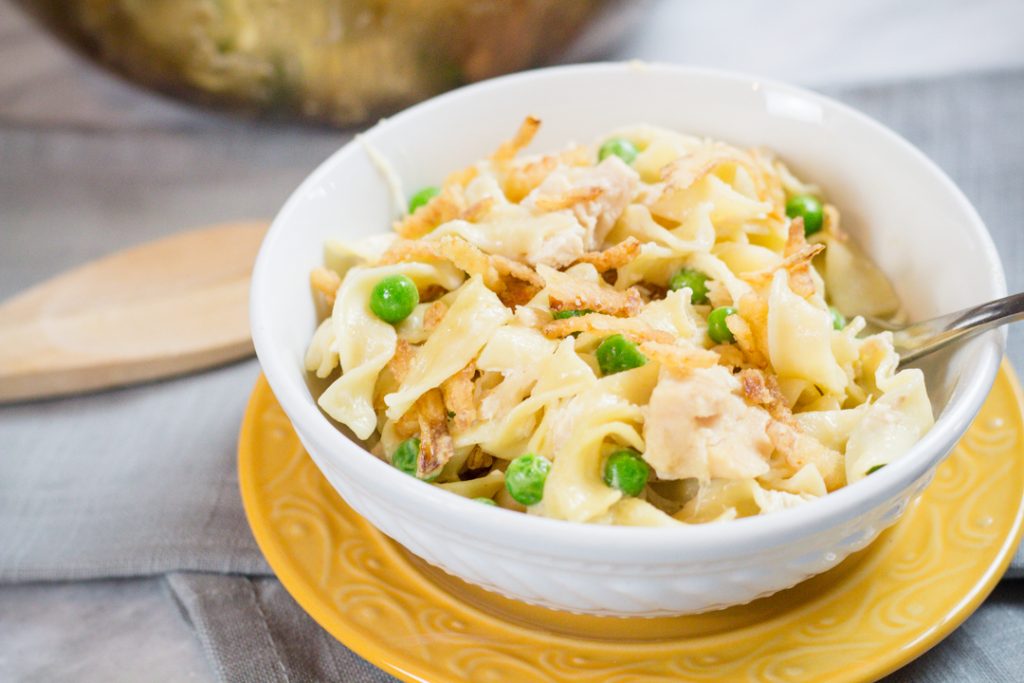 Easy Tuna Noodle Casserole made with a creamy sauce, mushrooms, and french fried onions on top