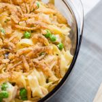 Close up of Tuna Noodle Casserole in a baking dish.