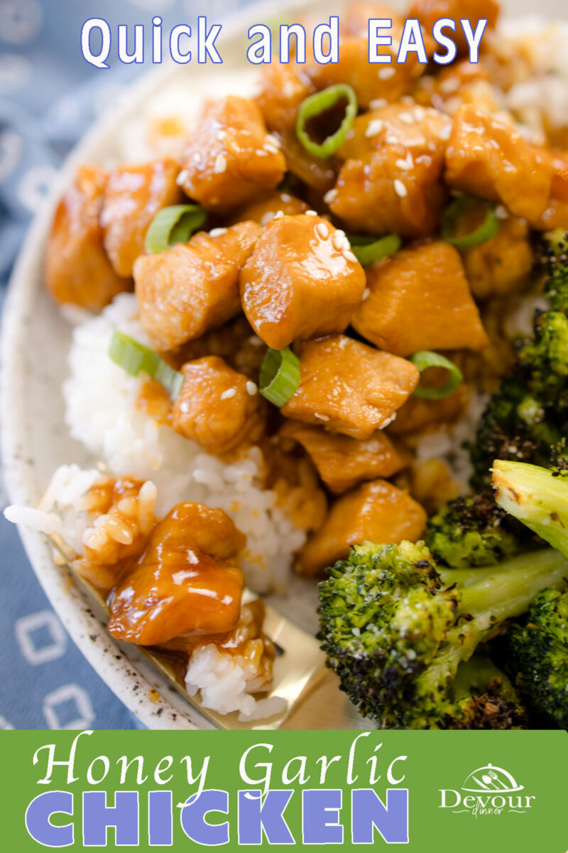 Instant Pot Honey Garlic Chicken on a plate with Air Fryer Broccoli and White Rice