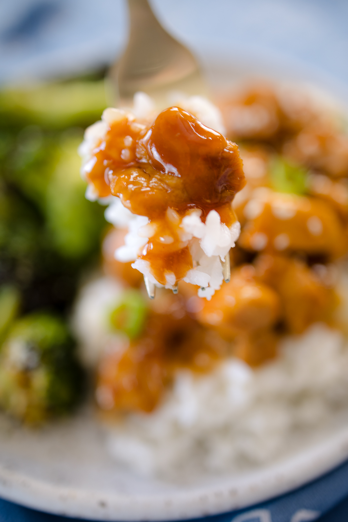 Honey Garlic Chicken on fork with rice