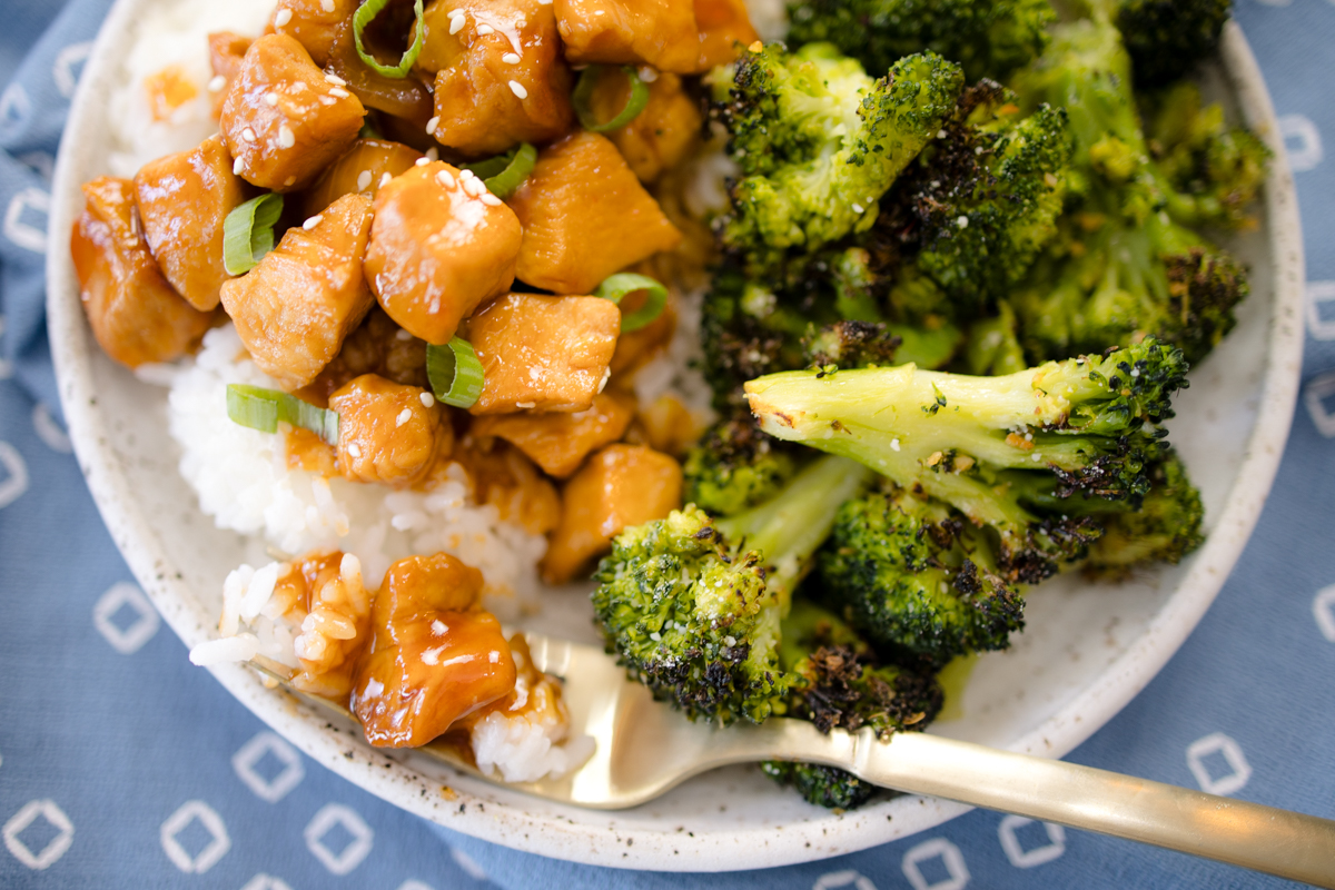 Instant Pot Honey Garlic Chicken on plate with broccoli