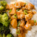 Honey Garlic Chicken on plate with rice and broccoli