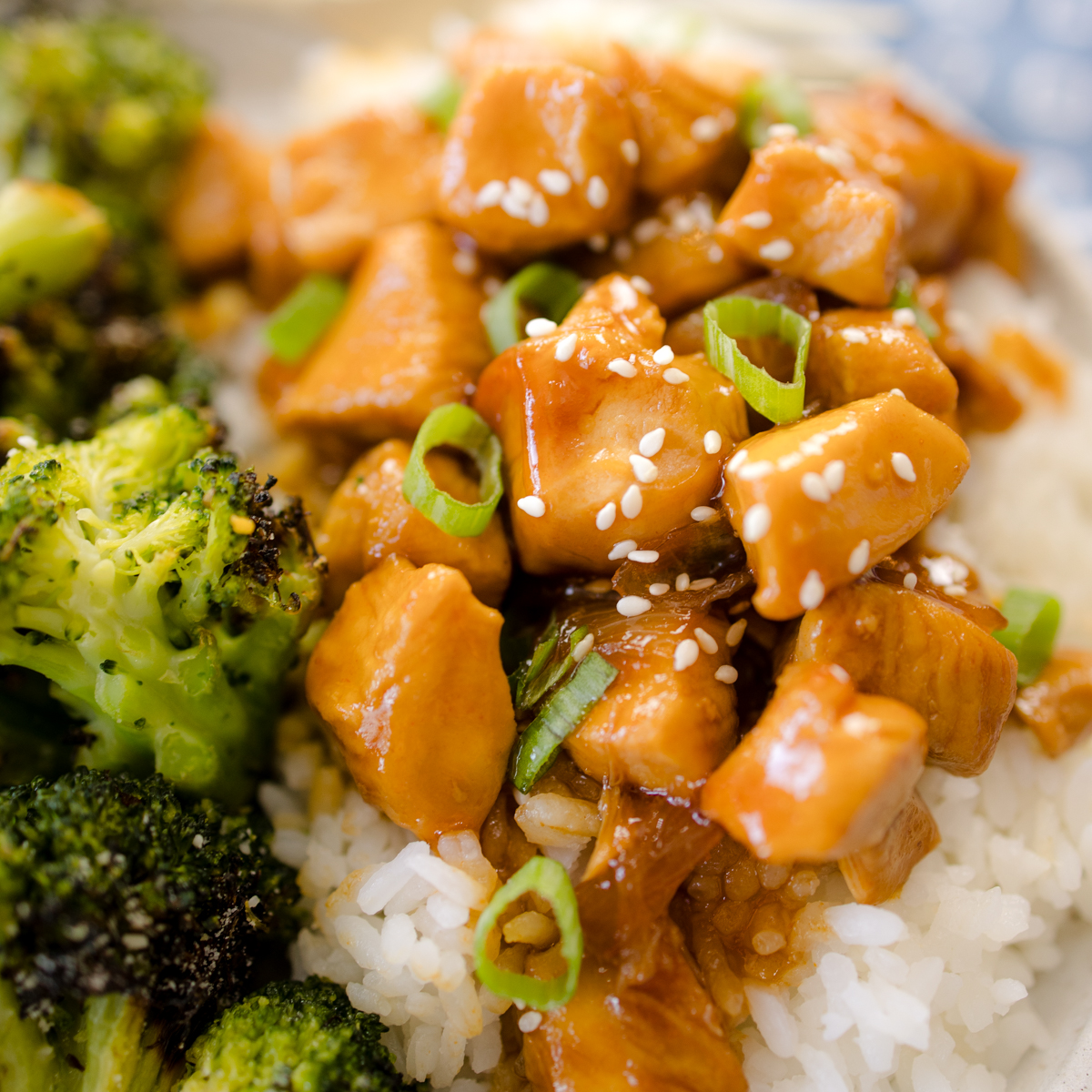 Honey Garlic Chicken on plate with rice and broccoli
