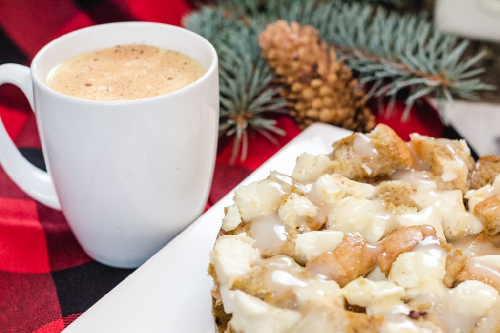 Eggnog French Toast with Cream Cheese, Eggnog and a sweet cinnamon and brown sugar glaze.