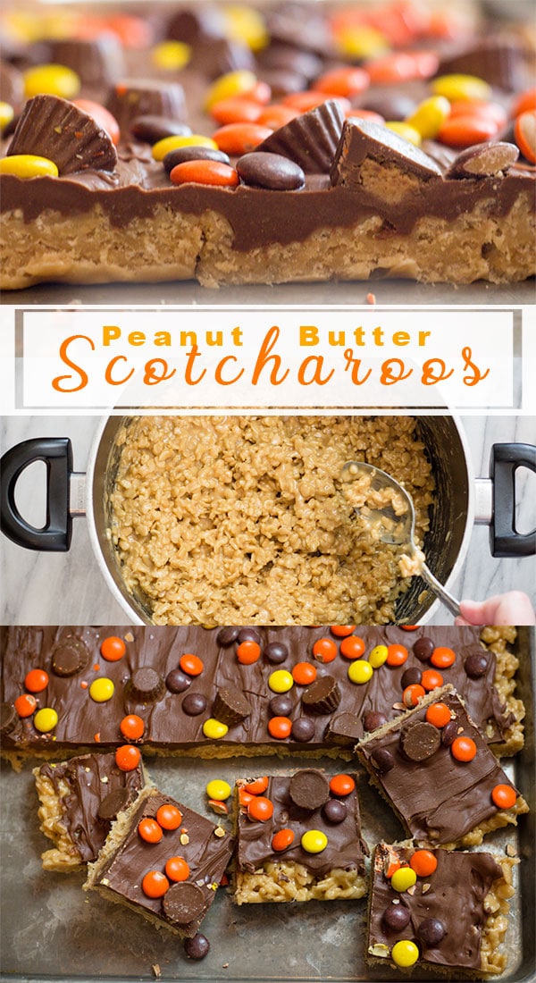 A Traditional Favorite with a Peanut Butter Twist, Scotcharoos with extra Peanut Butter and Reese's on top! Delish. Fun and easy recipe the entire family will love. #dessert #dessertrecipe #scotcharoos #ohhenrybars #easydessert #ricekrispy #barcookie #chocolate #Devourdinner #Candy #Reeses #Peanutbuttercups #easyprep #inmykitchen #feedfeed