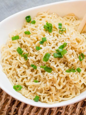 Asian Noodles made with Ramen Noodles in white bowl and chopsticks