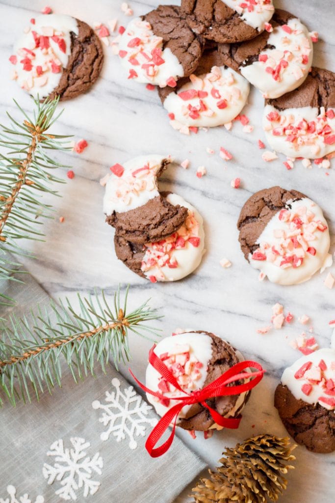 Easy Christmas Cookies, Chocolate Cookies dipped in white chocolate with peppermint sprinkles
