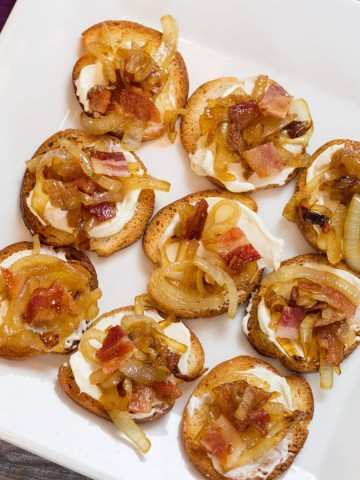 Bacon Onion Appetizer Party Food on Toasted Bagel Chip or Baguette