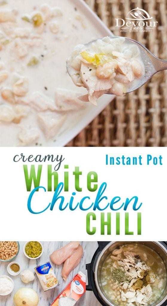 White Chicken Chili Recipe, a cream white chicken chili with great northern white beans in a creamy sauce. A Delicious soup made easily in the Instant Pot #Whitechickenchili #whitechickenchilirecipe #whitechickenchilirecipes #easychilirecipe #instantpot #instantpotrecipe #easydinnerrecipe