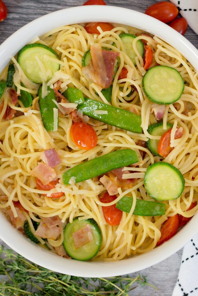 Pasta with Zucchini, Cherry Tomatoes and Bacon
