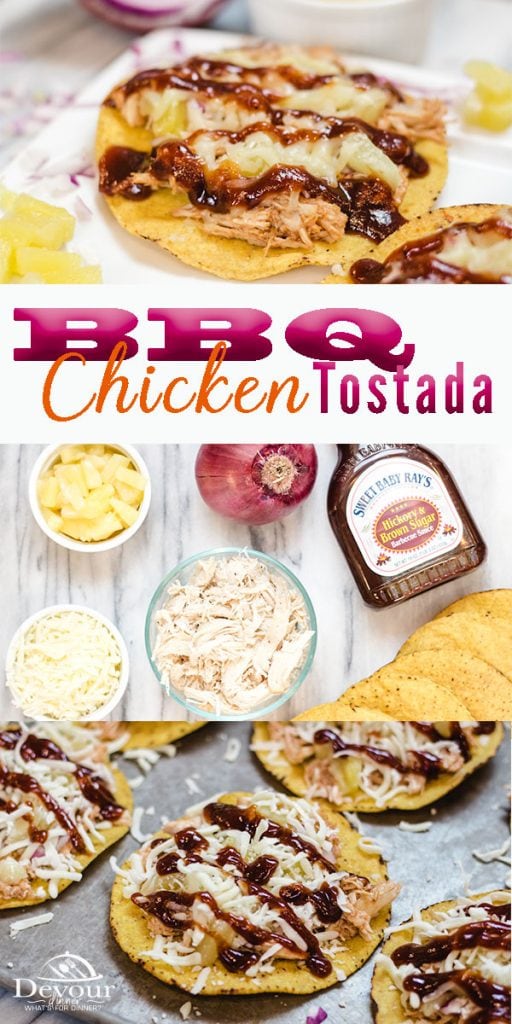 BBQ Chicken Tostada with melted cheese, red onion and pineapple, Quick and easy family meal or appetizer