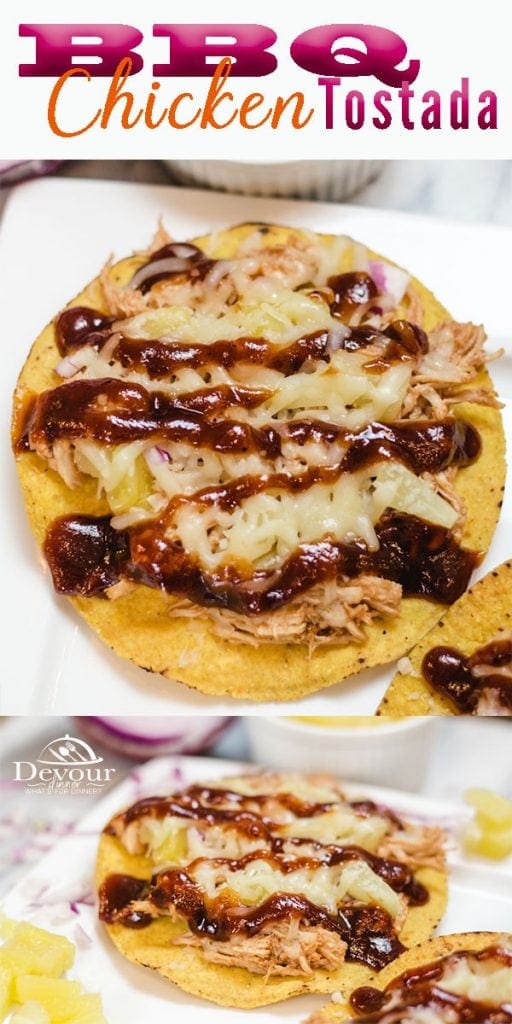 BBQ Chicken Tostada with melted cheese, red onion and pineapple, Quick and easy family meal or appetizer