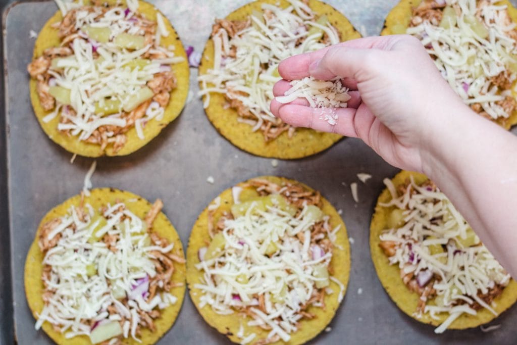 Mexican Blend Cheese on BBQ Chicken Tostada