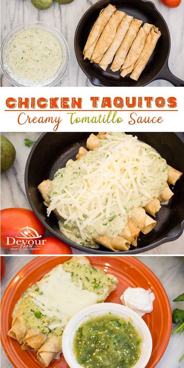 Are you ready for a perfect meal or appetizer? Chicken Taquitos with Creamy Tomatillo Sauce is it! Don't wait, RUN to make this quick and easy recipe you will crave. Tomatillo Salsa made fresh in a creamy sauce smothered in melted mozzarella cheese is perfect on a busy night or at your next party. #devourdinner #appetizer #dinner #appetizerrecipe #Dinnerrecipe #taquitos #mexicanfood #yum #inmykitchen #mexican #castiron #dutchoven #partyfood #easyrecipe #sogood #foodie #recipe #recipes #food