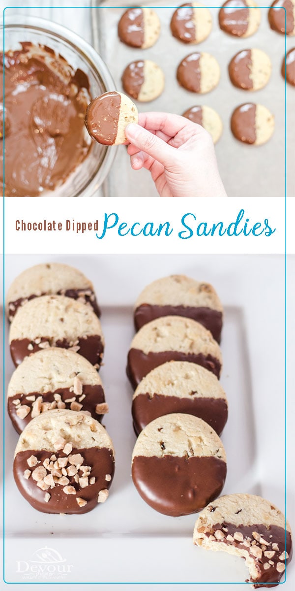 Chocolate Dipped Pecan Sandies Cookies will blow your mind. Delicious shortbread cookies dipped in chocolate and topped with Toffee Bits. Melt your chocolate in your Instant Pot Pressure for smooth and easy melting. Fun snack or perfect dessert. #devourdinner #recipe #recipes #food #foodie #Instantpot #instagood #instantpotrecipe #dessert #dessertrecipe #easydessert #dippedchocolate #yum #easyprep #toffebits #chocolate #Cookie #chocolatecooke #Dippedcookie #inmytummy #foodblogger #dessertmenu