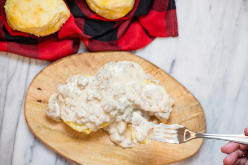 Sausage Gravy on board with Biscuits