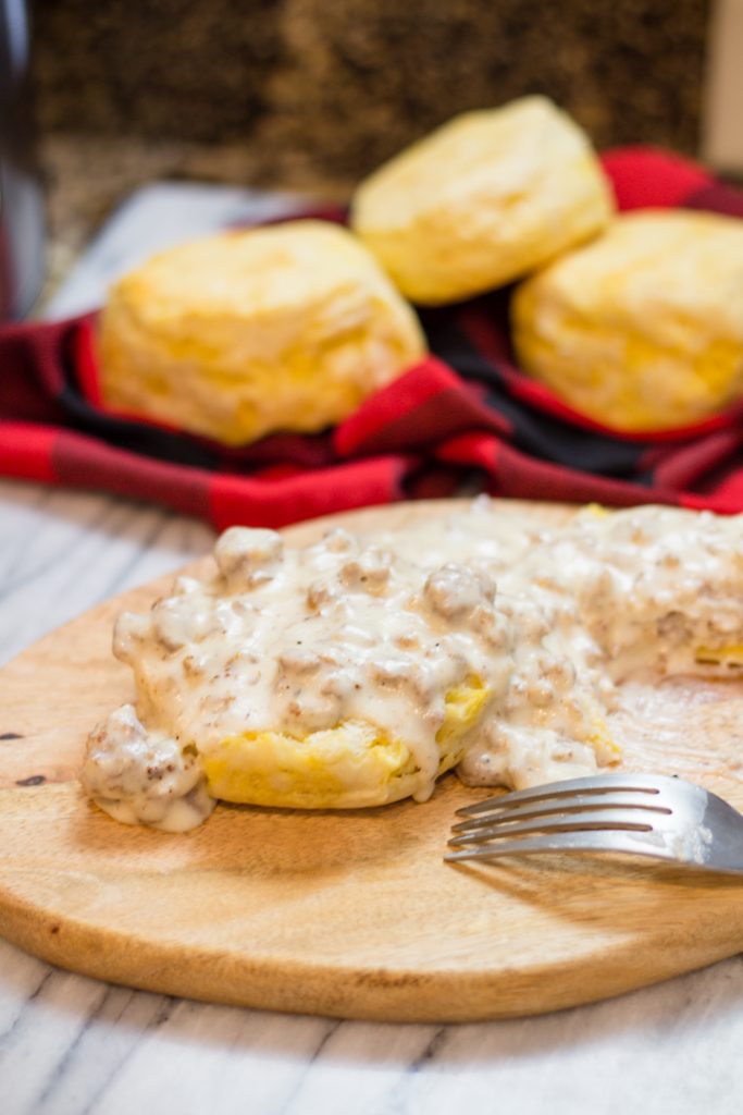 Classic Sausage Gravy served over hot biscuits