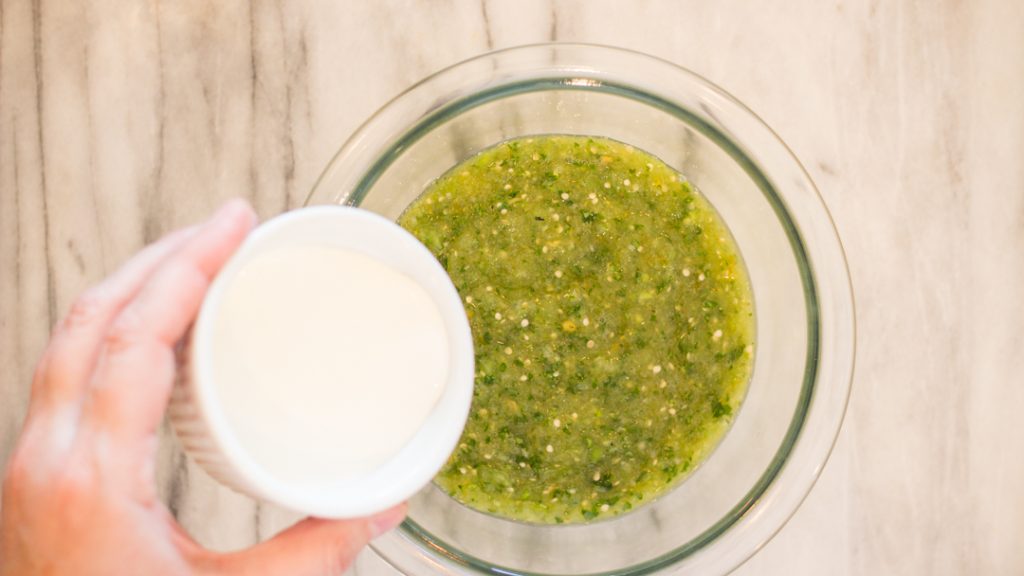Tomatillo Salsa with Heavy Cream makes a perfect Sauce for Chicken Taquitos