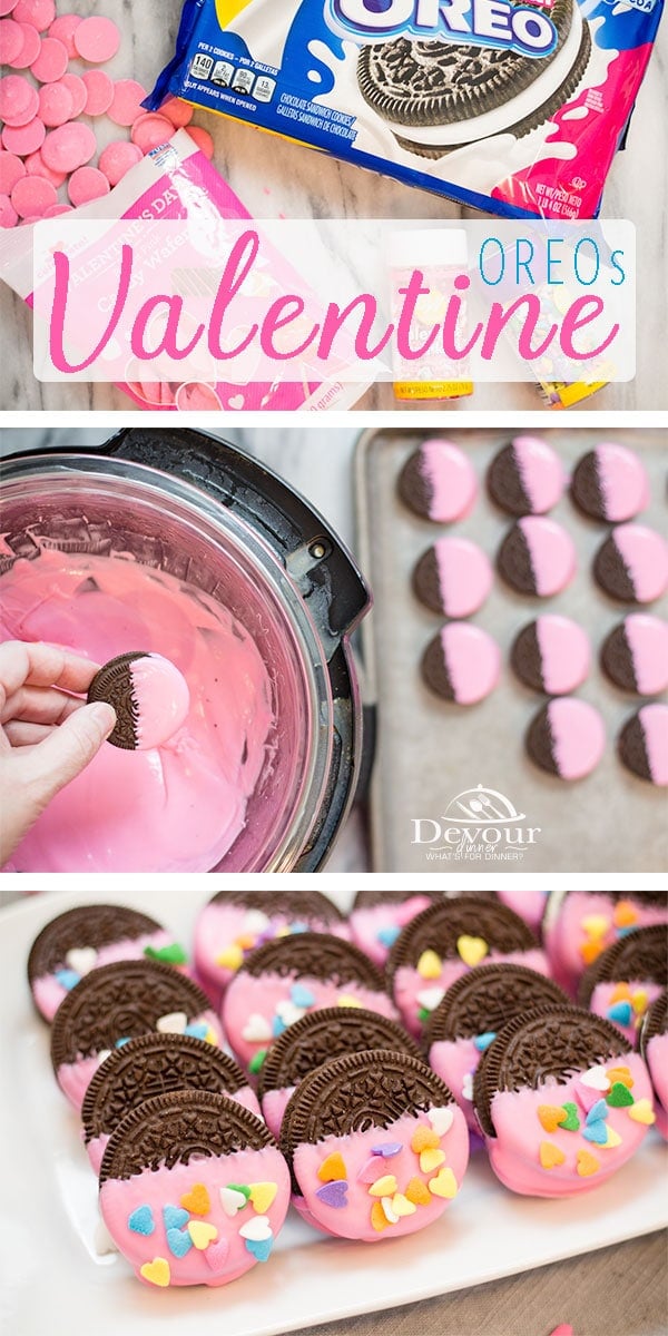 Valentine OREOs are a PERFECT treat to make with your littles or to surprise them for Valentines Day with some extra love. Fun and easy Craft and Eat Treat for School Parties too. So many possibilities with this 3 ingredient recipe. Melt Chocolate using the Instant Pot quick Hack Tip for the perfect melted chocolate wafer. #devourDinner #Easyrecipe #dessert #easydessert #Valentinesday #valentines #love #easydessertrecipe #recipe #recipes #food #foodie #Yum #feb14 #OREO #DippedOREO #valentineoreo