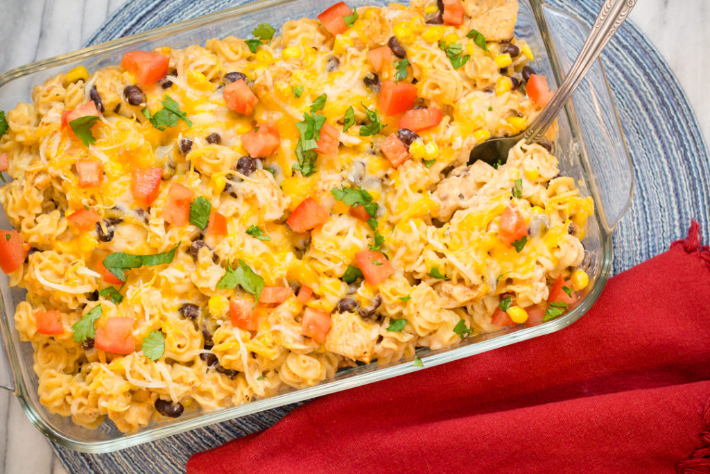 Top view of Fiesta Chicken in a casserole dish.