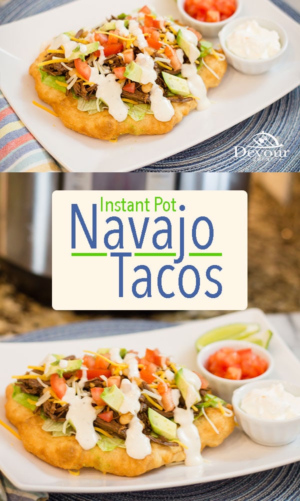 Navajo Tacos served on Indian Fry Bread with a tender mouthwatering shredded beef seasoned perfectly. Topped with your favorite additions of Lettuce, Salsa, Cheese, Sour Cream, Avocado and whatever else you can think of. Navajo Tacos are a Family Favorite. Tender shredded beef can be made in either Instant Pot or Crock Pot #devourdinner #easyrecipe #InstantPot #Dinnerrecipe #Food #Foodie #recipe #recipes #Yum #navajotaco #taco #indianfrybread #indianbread #dinner #Instantpotrecipe #yummy