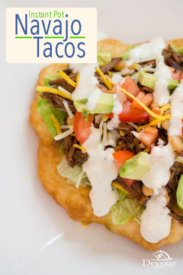 Navajo Taco with Indian Fry Bread, shredded marinated Beef and taco toppings