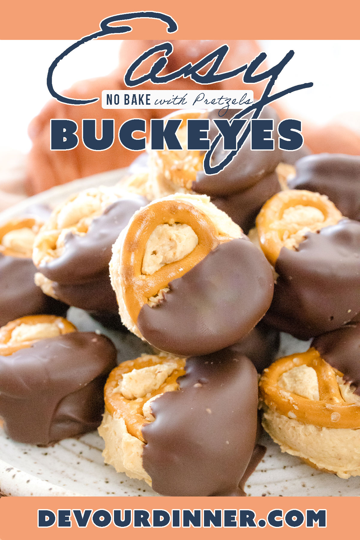 Buckeye treats is made with Peanut Butter and dipped in Chocolate. This Easy Buckeye Recipe has added Pretzels and the sweet and salty combo is amazing! This recipe is easily made by melting chocolate using your Instant Pot or pressure cooker. Curb your appetite with this sweet and salty snack! #devourdinner #easydessert #dessert #snack #easysnack #buckeye #buckeyerecipe #easybuckeyerecipe #chocolate #Peanutbutter #Reeses #chocolatepeanutbutter #recipe #recipes #food #foodie #yum #yummy