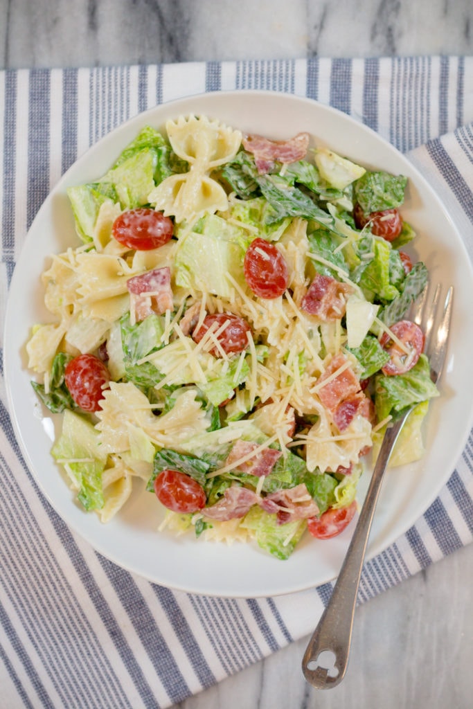 BLT Pasta Salad on plate with fork