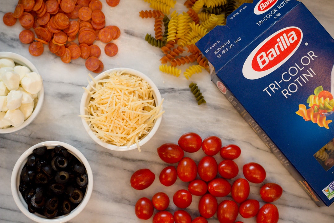 Ingredients, Pasta, Tomatoes, cheese, pepperoni, Olives
