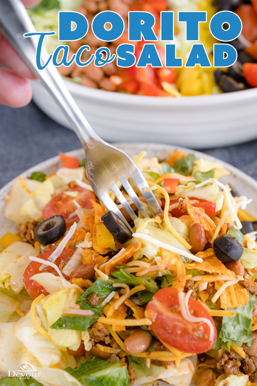 Your family will love this tossed Dorito Taco Salad Recipe loaded with so many yummy flavors. A Neighborhood Winning Recipe and crowd pleaser! Perfect for Pot Lucks at your next BBQ or just a summer meal when you don't want to heat up the house. Easy to make direction for the Instant Pot or Stove Top. #devourdinner #instantpot #instantpotrecipe #Tacosalad #doritotacosalad #doritotacosaladrecipe #yum #yummy #recipe #recipes #easydinner #potluck #bbq #summersalad #hamburger #taco #tacotuesday