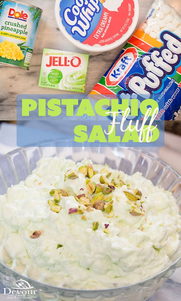 Pistachio Salad Recipe a Family Favorite and Pot Luck Tradition. This salad is perfect if you need to make at the park or take with you. I will bring all ingredients with me and throw together once I arrive at a BBQ or Family Reunion. It's a Family Favorite Salad #devourdinner #potluckrecipe #potluck #easyrecipe #summersalad #sidedish #sidedishrecipes #foodiefriday #recipes #recipeideas #easysalad #yummyfood #yummy #kidapproved #dessert #dessertrecipes