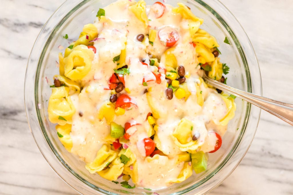 Southwest Pasta Salad with Dressing on top