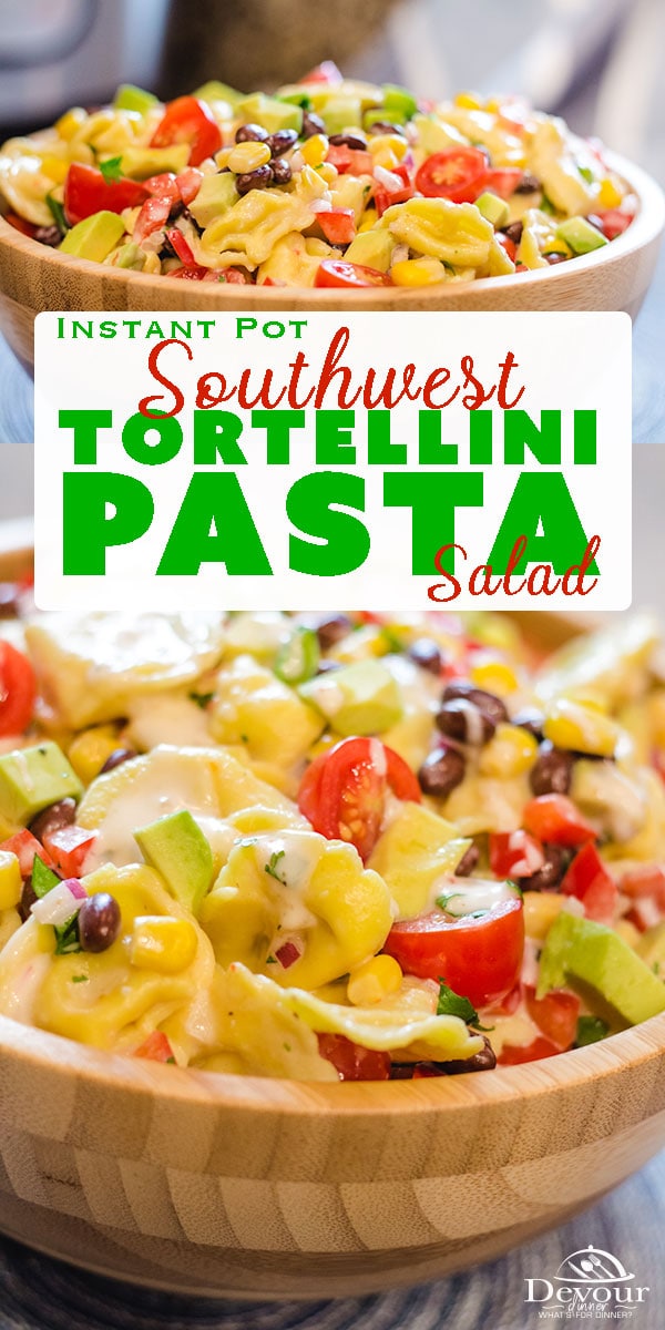BEST Southwest Tortellini Pasta Salad Recipe packed full with fresh ingredients and a zesty southwestern dressing makes a perfect Pasta Salad Recipe. Easy to make in the Instant Pot Pressure Cooker for your next BBQ, Family Reunion, or Neighborhood Potluck. Pasta Salad Recipe serves 6-8. #devourdinner #instantpot #Pressurecooker #instagood #instantpotrecipe #potluck #potlucksalad #Pastasalad #Pastasaladrecipe #Tortellinisalad #southwesternpastasalad #recipe #recipes #food #foodie #Yum #yummy